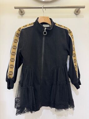 Gucci Black Tulle-Trim Girls Casual Dress with Gold Logo Tape
